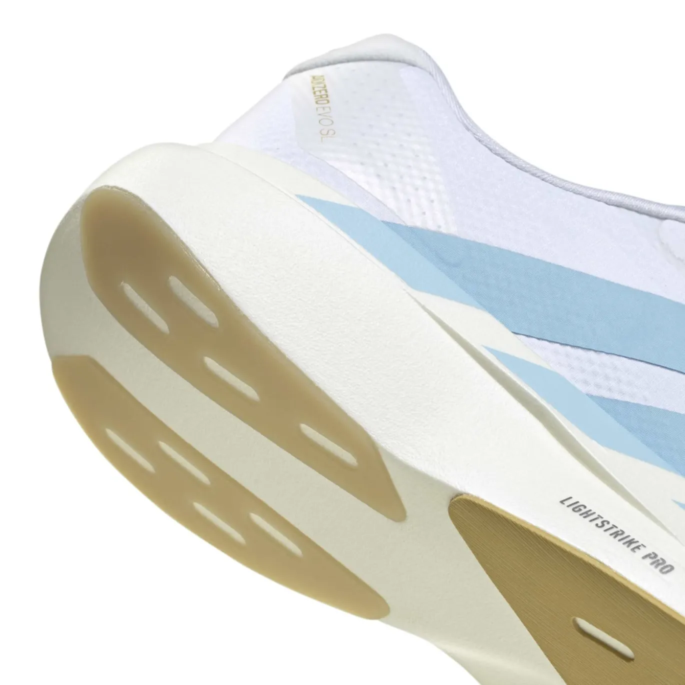 adidas Adizero Evo SL Woven Hardloopschoenen Wit Lichtblauw Goud