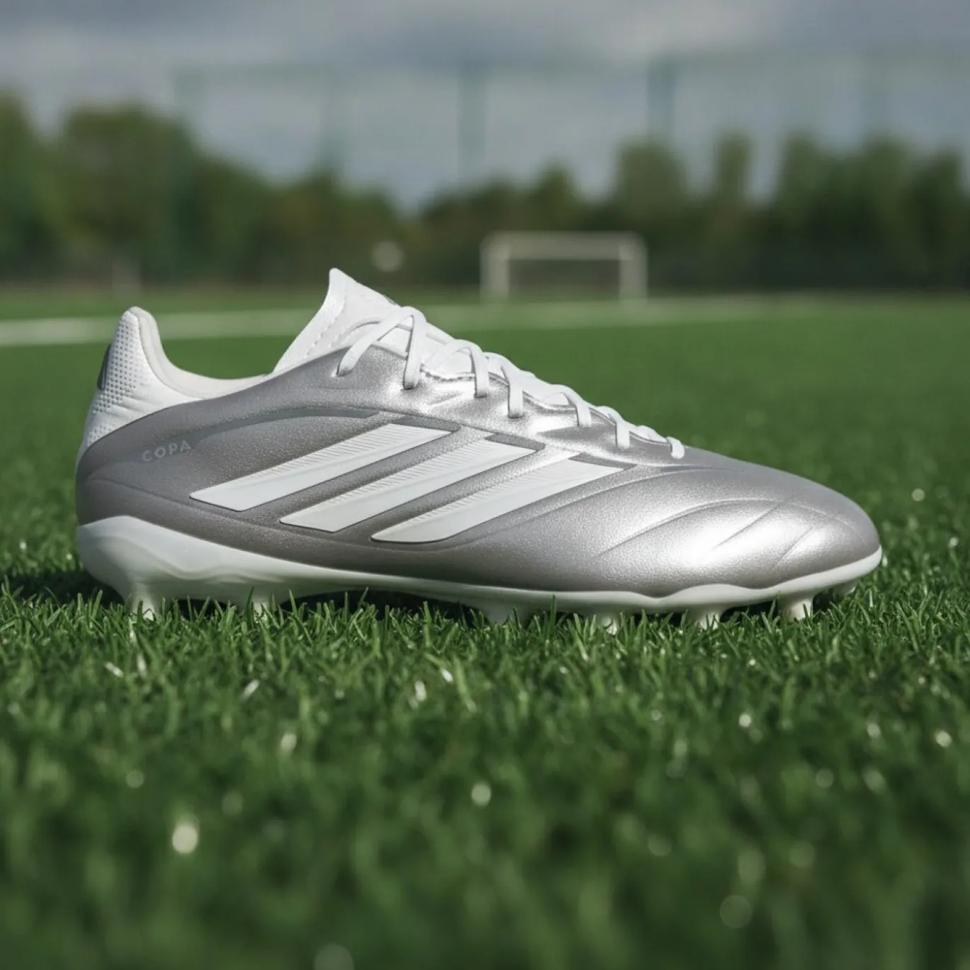 adidas Copa Pure IV League Gras Voetbalschoenen (FG) Kids Zilver Wit Donkergrijs