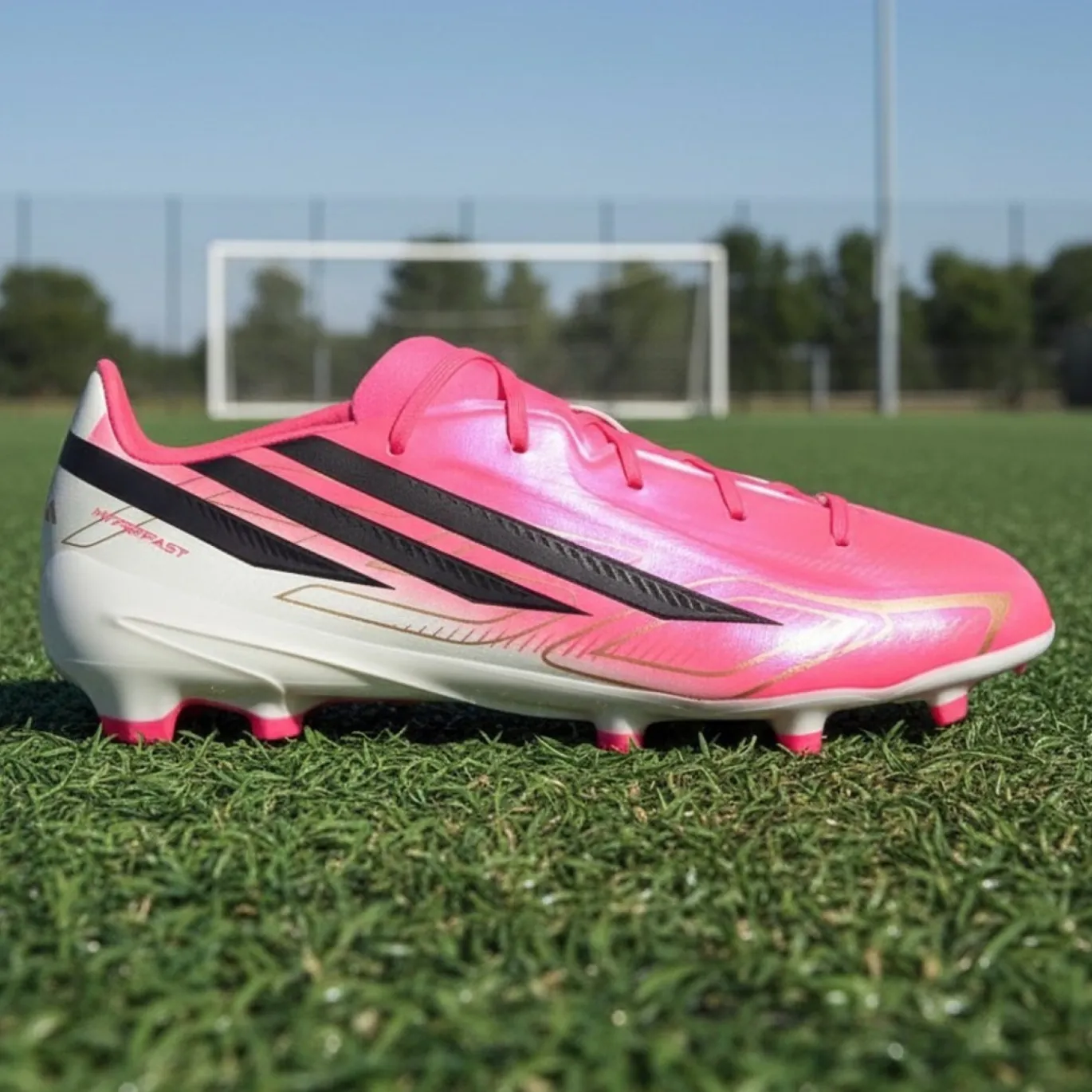 adidas F50 Hyperfast League Gras Voetbalschoenen (FG) Kids Felroze Zwart Goud Wit