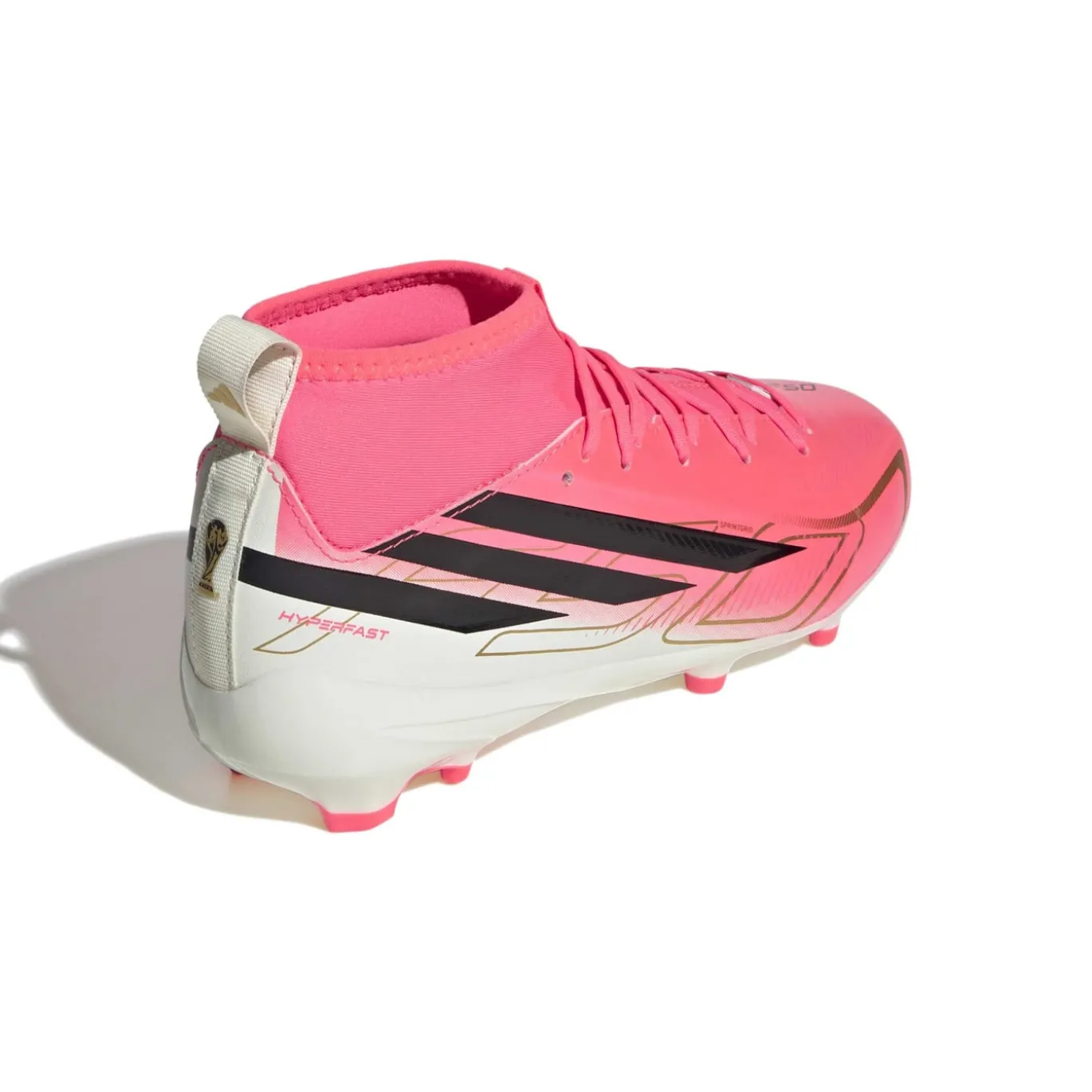adidas F50 Hyperfast League Mid Gras Voetbalschoenen (FG) Kids Felroze Zwart Goud Wit
