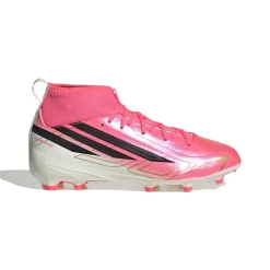 adidas F50 Hyperfast League Mid Gras Voetbalschoenen (FG) Kids Felroze Zwart Goud Wit
