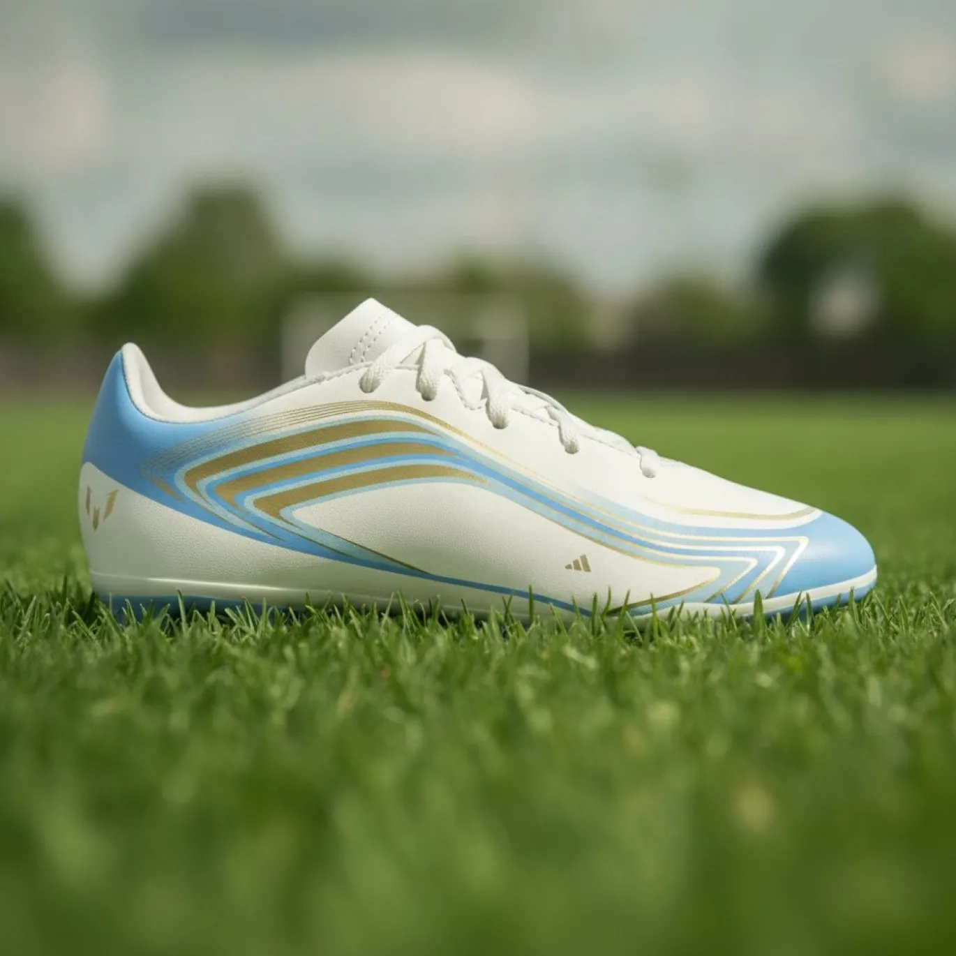 adidas F50 Messi Club Gras / Kunstgras Voetbalschoenen (MG) Kids Wit Lichtblauw Goud