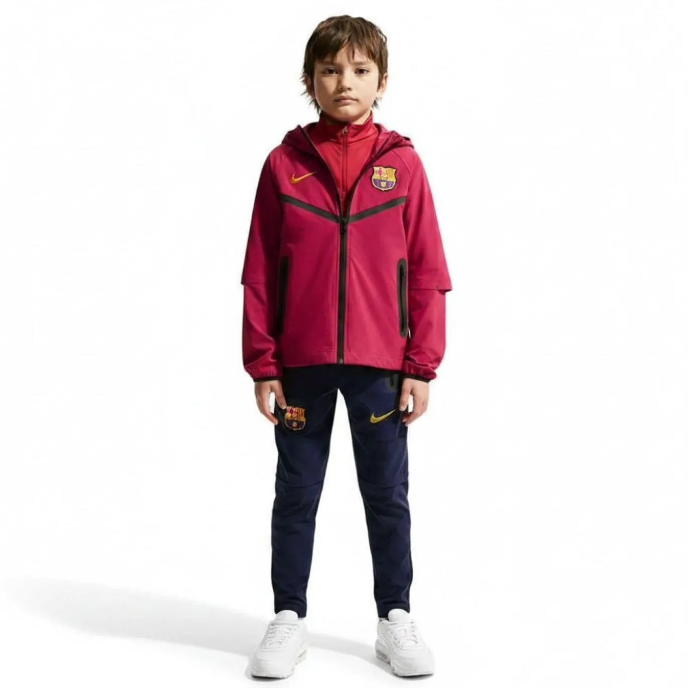Nike FC Barcelona Tech Woven Trainingspak Hooded Full-Zip 2026-2027 Kids Rood Donkerblauw Geel