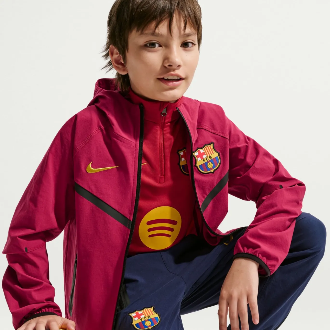 Nike FC Barcelona Tech Woven Trainingspak Hooded Full-Zip 2026-2027 Kids Rood Donkerblauw Geel