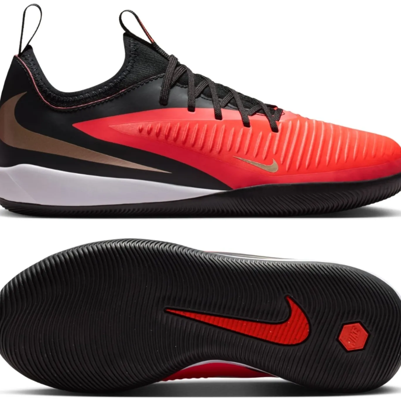Nike Phantom 6 Low Academy Zaalvoetbalschoenen (IN) Kids Zwart Felrood Goud
