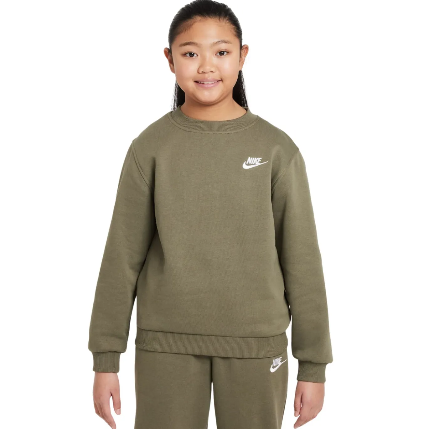 Nike Sportswear Club Fleece Crew Sweater Kids Olijfgroen Wit
