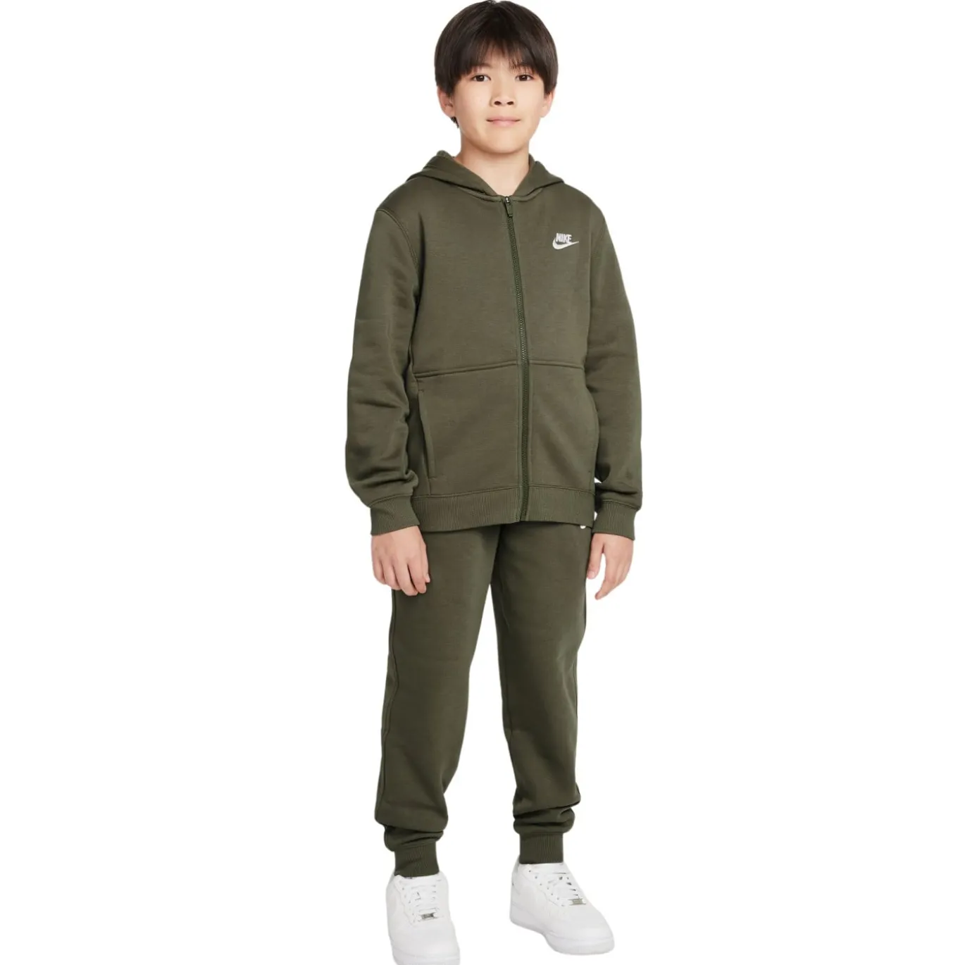 Nike Sportswear Club Fleece Trainingspak Full-Zip Hooded Kids Olijfgroen Wit