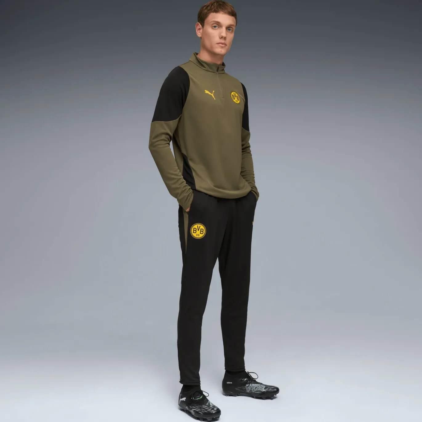 PUMA Borussia Dortmund Trainingstrui 1/4-Zip 2025-2026 Olijfgroen Zwart