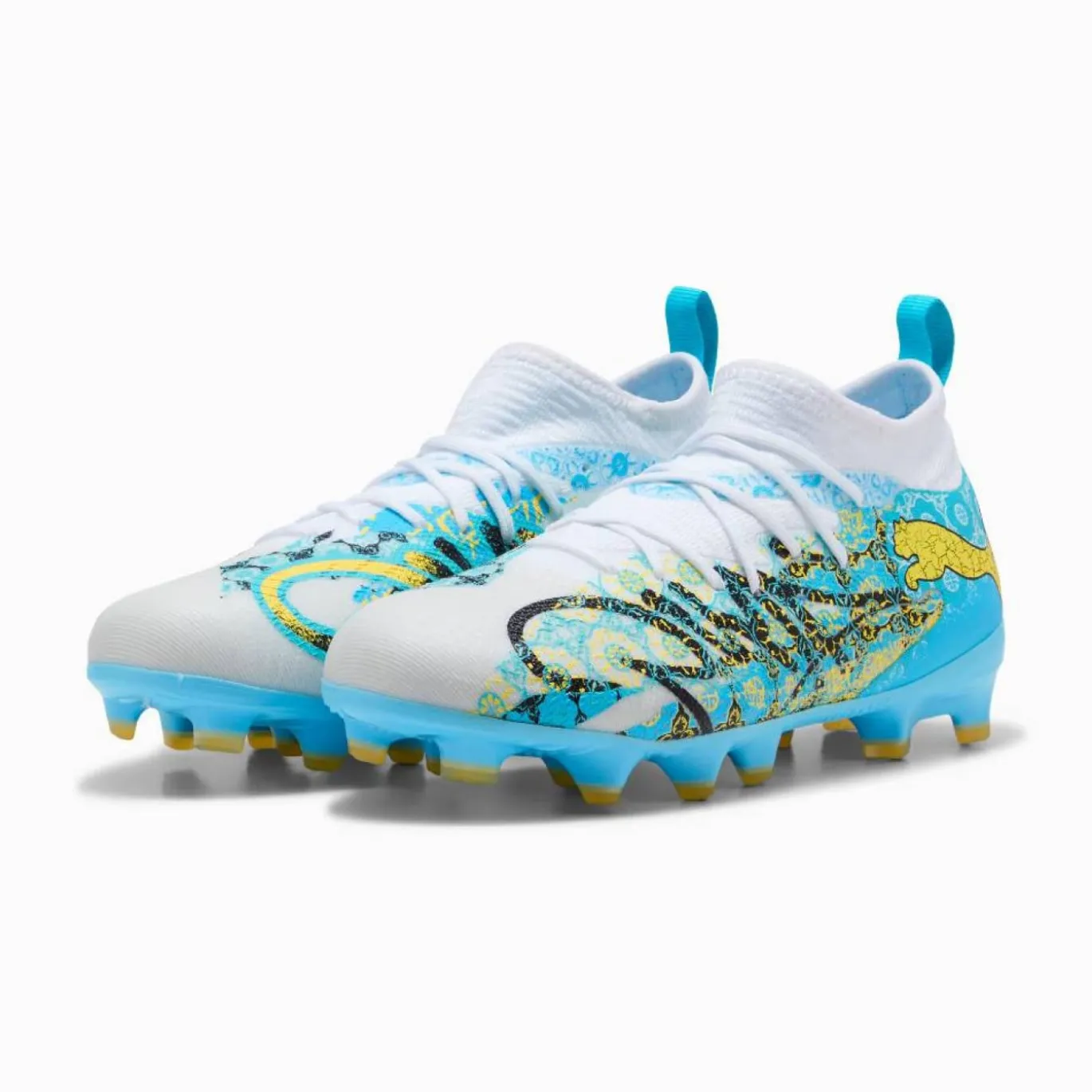 PUMA Future 9 Match Playmaker Gras / Kunstgras Voetbalschoenen (MG) Kids Wit Vibrant Blue Sun Stream Lichtblauw