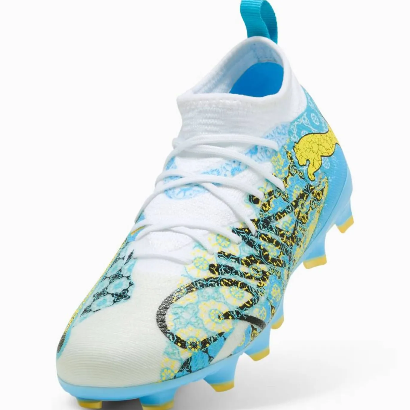 PUMA Future 9 Match Playmaker Gras / Kunstgras Voetbalschoenen (MG) Kids Wit Vibrant Blue Sun Stream Lichtblauw