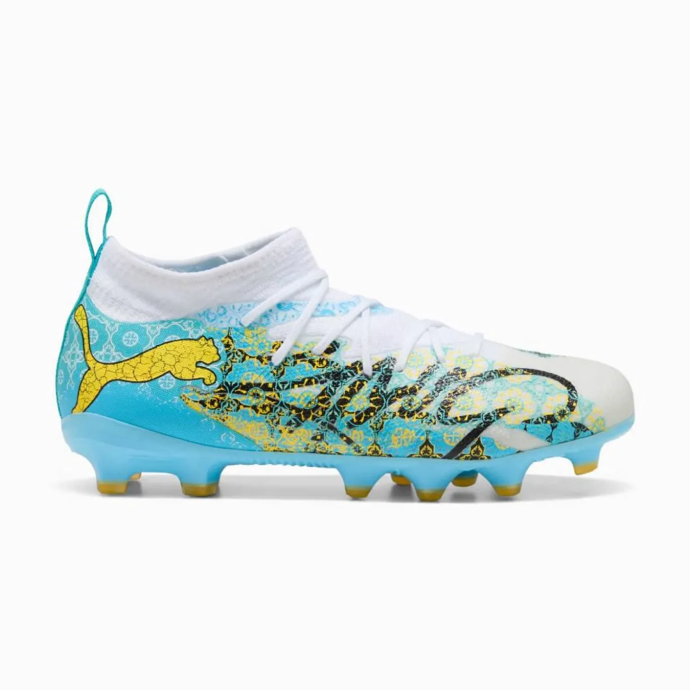 PUMA Future 9 Match Playmaker Gras / Kunstgras Voetbalschoenen (MG) Kids Wit Vibrant Blue Sun Stream Lichtblauw