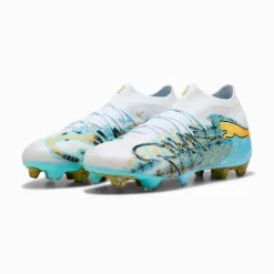 PUMA Future 9 Ultimate Playmaker Gras Voetbalschoenen (FG) Wit Vibrant Blue Sun Stream Lichtblauw