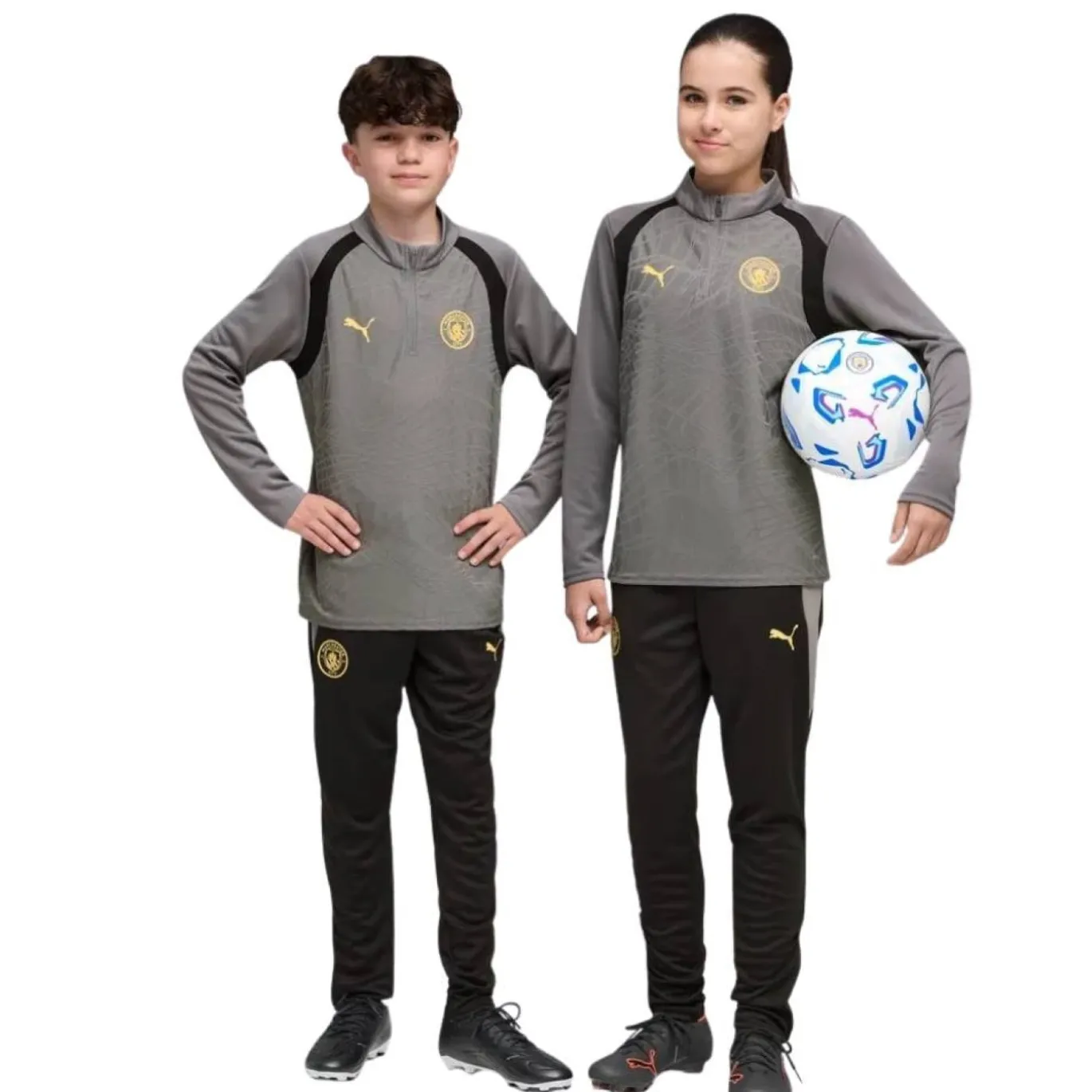 PUMA Manchester City Trainingspak 1/4-Zip 2026-2027 Kids Donkergrijs Zwart Goudgeel